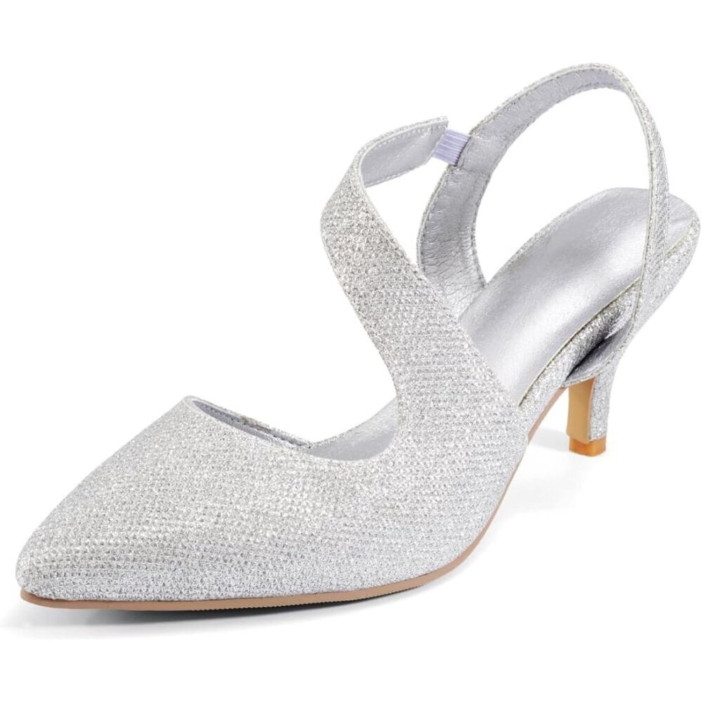 🆕Rhinestone Kitten Silver Low Heel Sparkly Pumps for Women Dressy Wedding Shoes